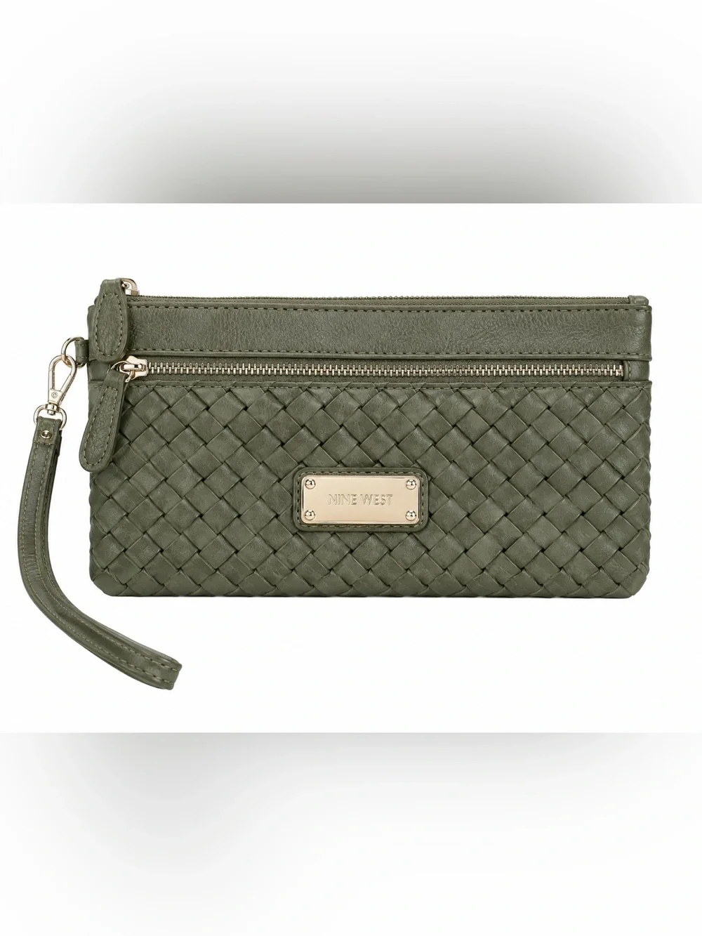 Nine West Olive Green Woven Faux Leather Zip Wristlet Clutch NWOT